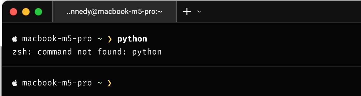 A terminal window showing a 'python: command not found' error — the problem this guide solves